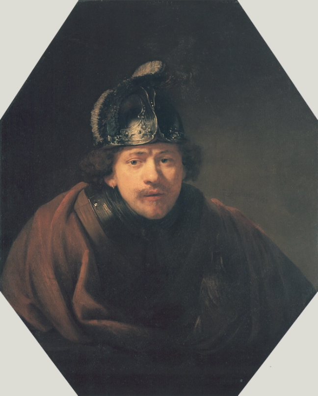 Bust-length self-portrait of Rembrandt in a metal helmet with feathered crest and gorget, wrapped in a brown cloak, softly lit against a dark background; the reflective helmet and gentle gaze dominate the composition, painted in 1634.