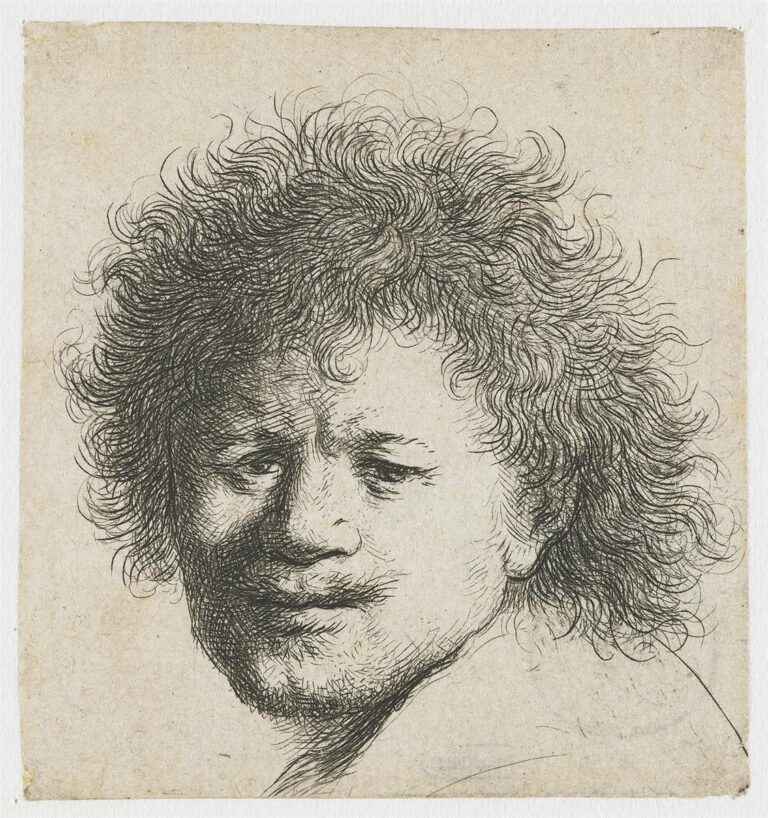 Rembrandt’s 1631 etching showing his head in three-quarter view, mouth slightly smiling, eye lit from the left, and a halo of long, bushy curls drawn in energetic strokes against a largely blank background.