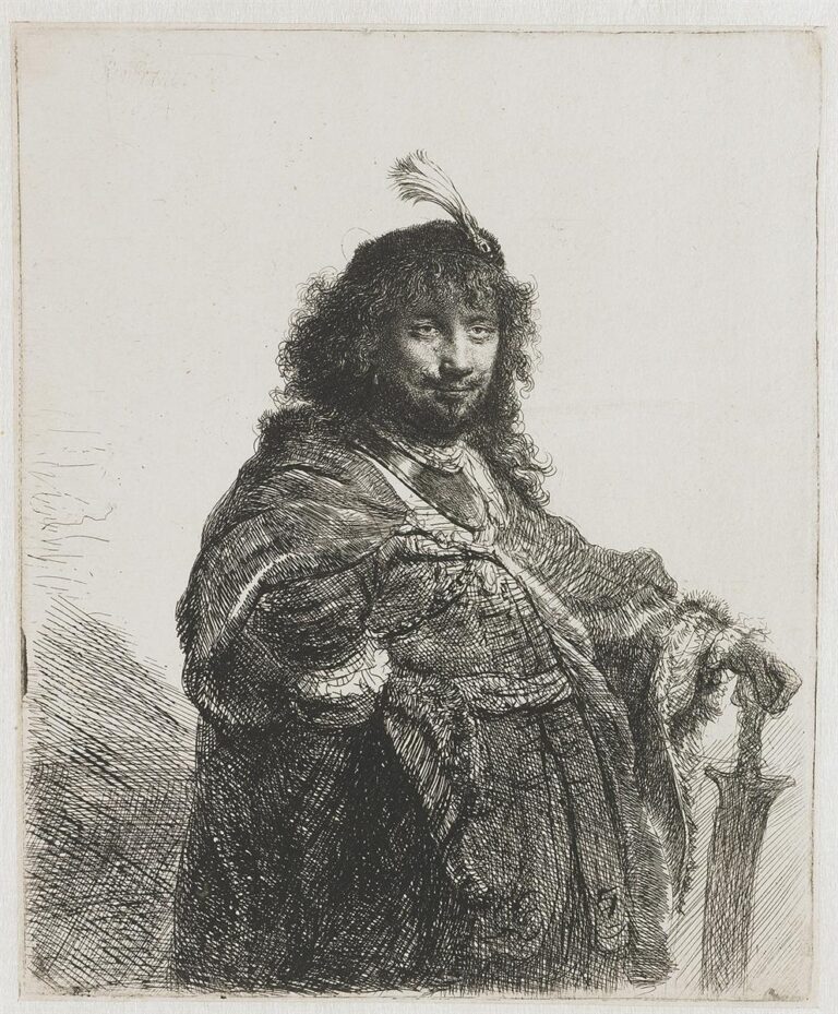 Etching of Rembrandt in a plumed cap and fur-trimmed cloak, turned three-quarters with a relaxed smile, left hand on hip and right hand resting on a lowered sabre; dense hatching for garments and bright paper around the face, dated 1634.