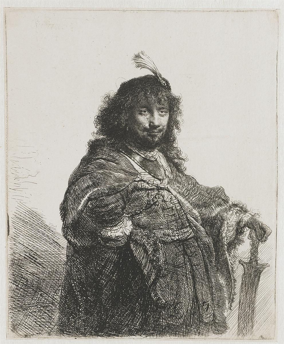 Etching of Rembrandt in a plumed cap and fur-trimmed cloak, turned three-quarters with a relaxed smile, left hand on hip and right hand resting on a lowered sabre; dense hatching for garments and bright paper around the face, dated 1634.