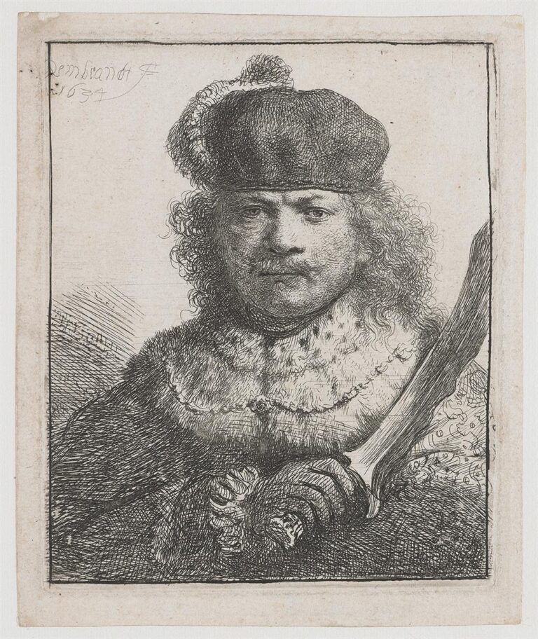 Small etching of Rembrandt in a furry cap and collar holding a curved sabre raised at the right, frontal face with steady gaze, dense hatching around hands and clothing, signature and date at upper left, created in 1634.