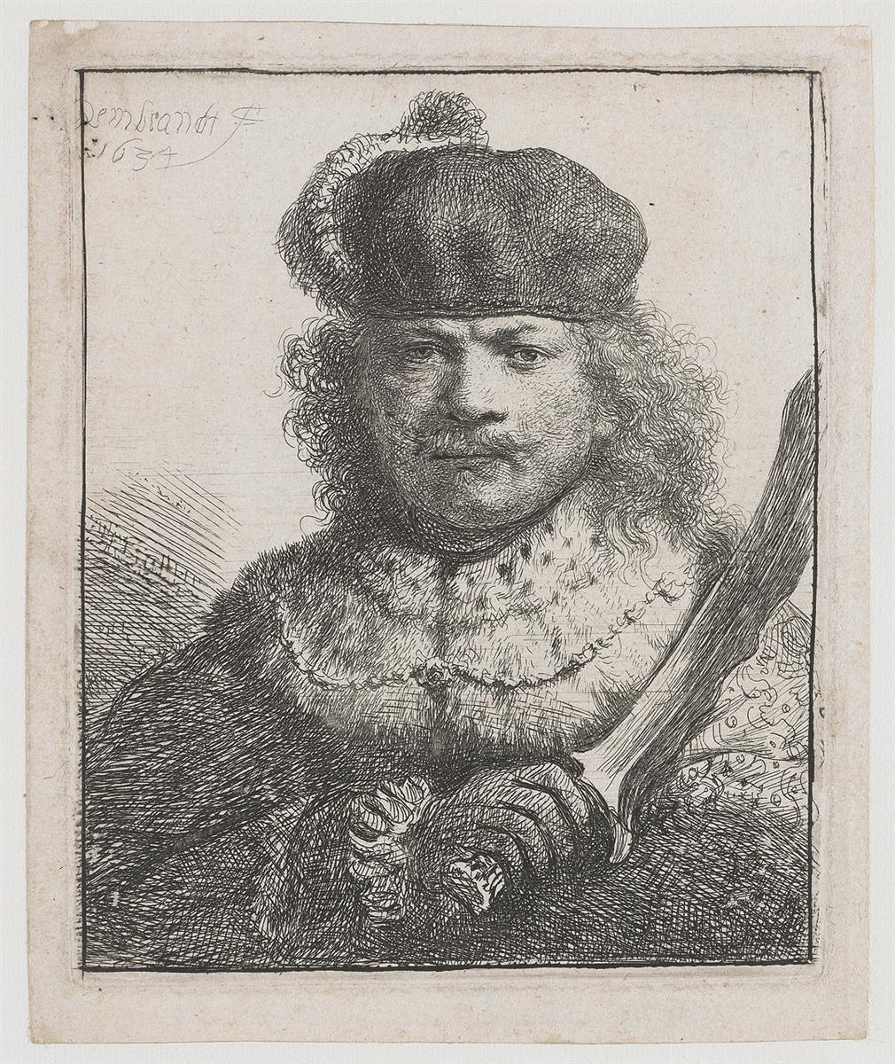 Small etching of Rembrandt in a furry cap and collar holding a curved sabre raised at the right, frontal face with steady gaze, dense hatching around hands and clothing, signature and date at upper left, created in 1634.