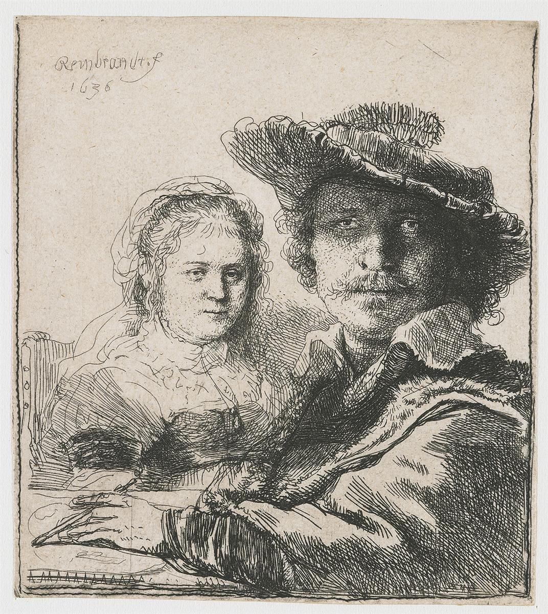 Etched double portrait by Rembrandt showing the artist in a broad hat at front right, half his face in shadow, with his wife Saskia just behind him, softly lit; their hands rest near the lower edge as if on a table, amid sparse background and a “Rembrandt f. 1636” inscription.
