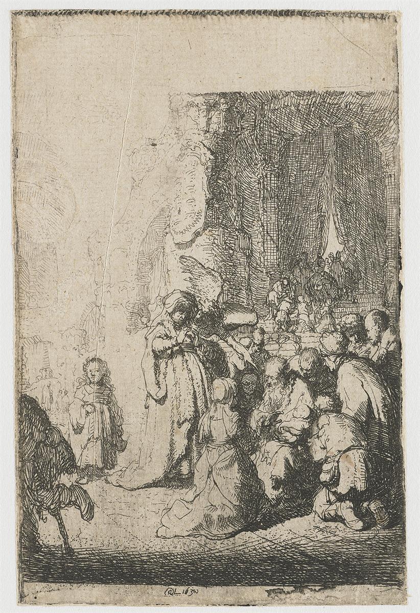 Etching of Simeon in a temple holding the Christ child amid a gathered crowd; light washes in from the left while dark, cross-hatched steps and a curtained apse rise at right, creating a deep, reverent space of figures leaning and kneeling in attention.