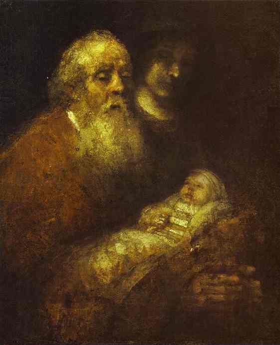 Rembrandt’s “Simeon in the Temple” showing an elderly man with a glowing white beard holding a swaddled infant while a shadowed witness looks on, all softly illuminated against a dark, undefined interior.