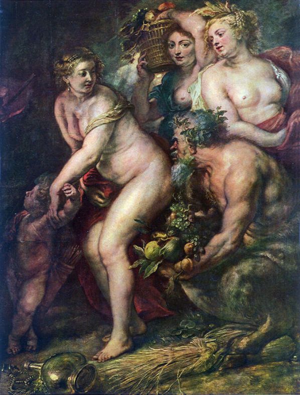 A bustling Baroque scene of abundance: a nude Venus steps forward holding Cupid’s hand while a satyr kneels with overflowing fruit; two attendants balance a basket of produce; wheat and a gleaming amphora lie on the ground, all bathed in warm, feast-like light.