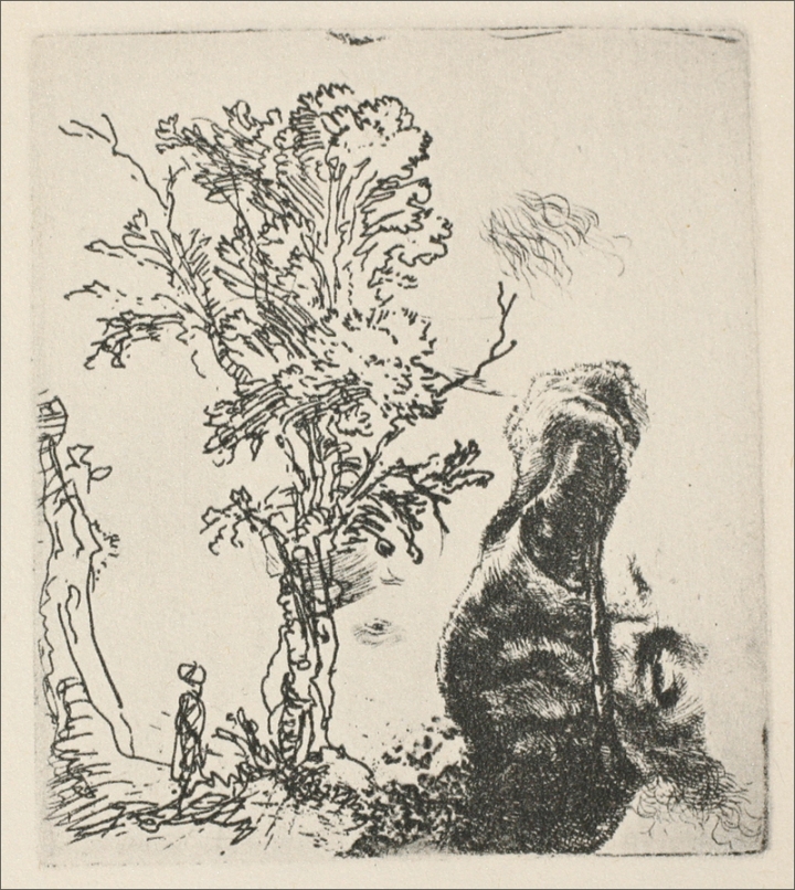 Etching showing a quick, calligraphic tree with a tiny standing figure at its base on the left; at the right edge a large sideways head in profile is densely hatched, leaving ample blank paper between the two studies.