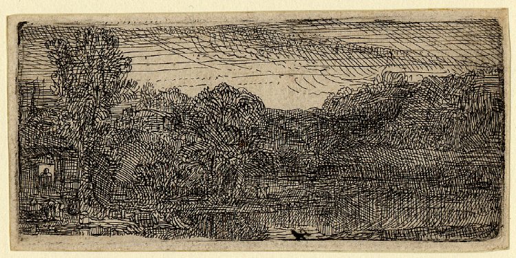 Small black-and-white etching by Rembrandt showing a modest house at left beside tall trees, dense foliage across the middle ground, a calm pool in the foreground, and a lightly hatched sky, all rendered with intricate cross-hatching and reserved paper whites for light.