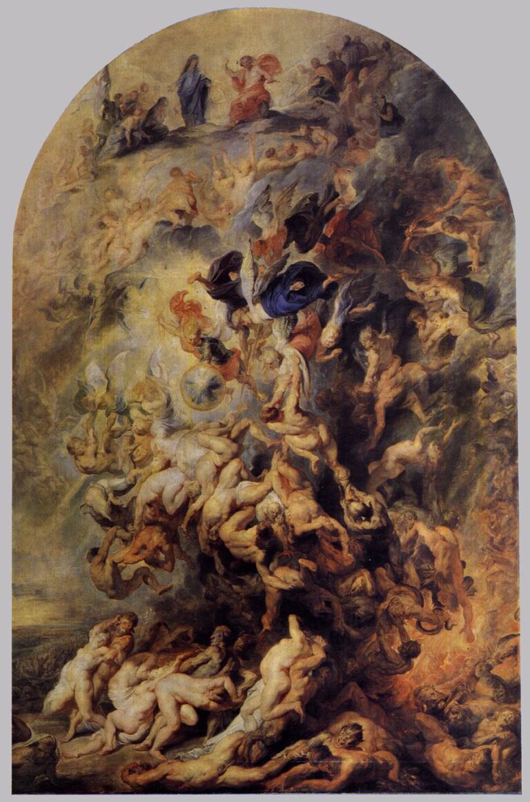 An arched Rubens painting showing Christ and the Virgin above a vortex of angels, saints, and nude figures; the blessed rise toward bright clouds while the damned tumble into dark flames on the right.