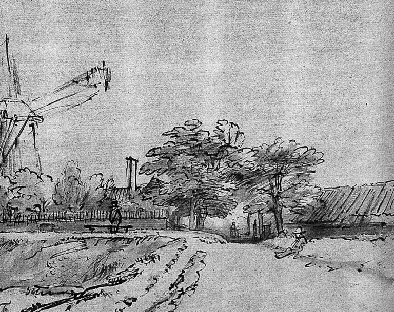Pen-and-wash drawing of a sunny road curving toward a tree-screened city gate; a windmill’s sails cut diagonals at the left, small figures rest on a bench and stand in the shade, and wide sky and light washes convey the clear brightness of the day.