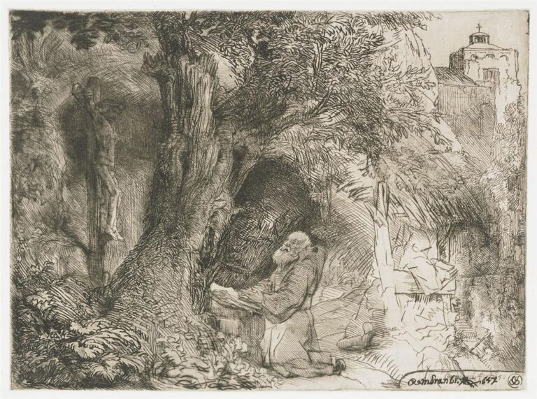 Etching of St. Francis kneeling in prayer before a massive tree in a wooded landscape; a faint crucifix stands in shadow at left, a small shelter and monastery rise at right, and crosshatched lines create a hushed, luminous atmosphere.