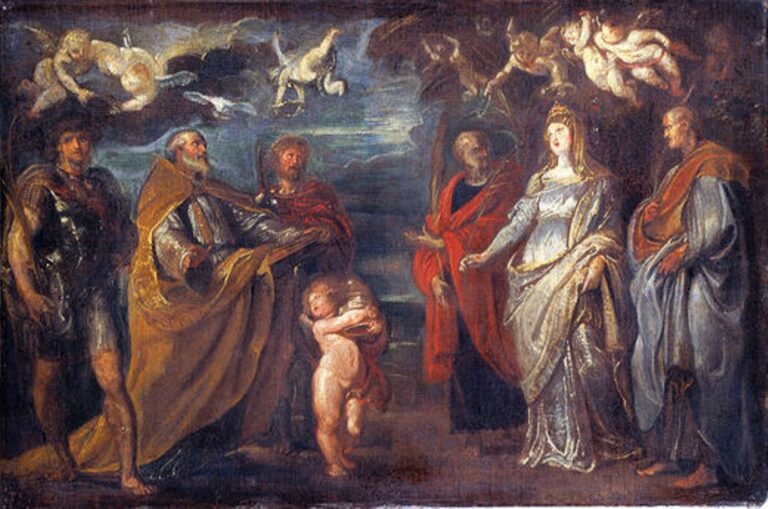 Rubens painting of St. George and the martyrs Maurus, Papianus, Domitilla, Nerus and Achilleus standing in a ceremonial group beneath a sky of flying putti carrying palms and a crown, with Domitilla in a luminous silver gown and St. George in dark armor at left.