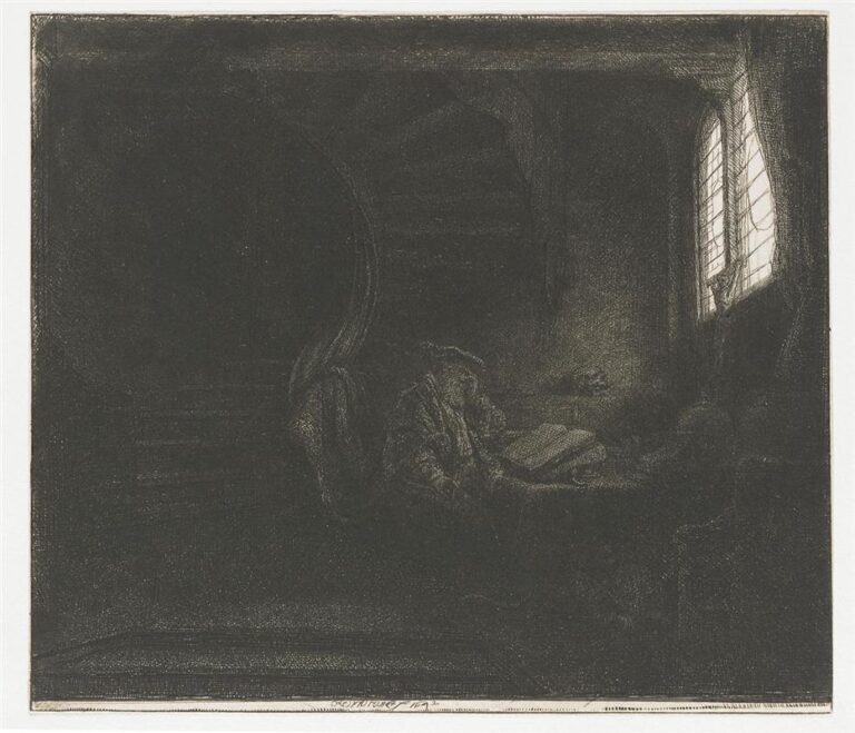 Dark interior etching by Rembrandt: St. Jerome sits at a table reading an open book as light enters from a leaded window at right; an unlit candle and the faint shape of a lion share the hushed room, most of which dissolves into deep shadow.