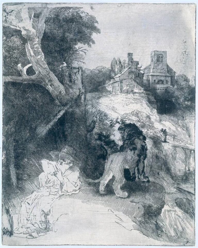 Rembrandt etching of St. Jerome seated and reading under a large tree with a lion walking nearby, a rocky ravine and small bridge at right, and a sunlit Italianate villa on the hill beyond, rendered in soft tones and varied etched textures.