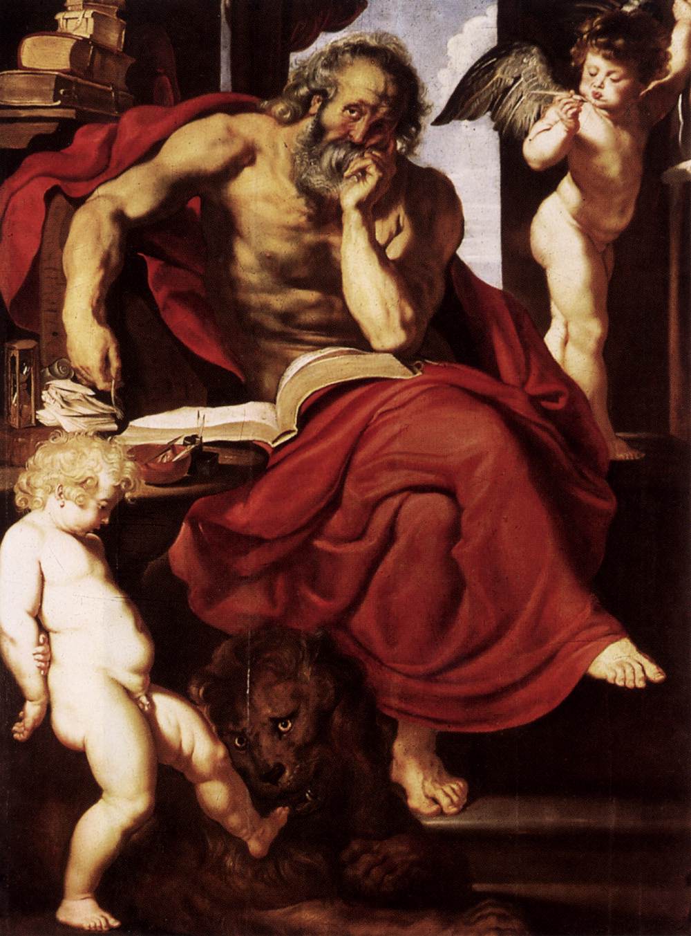 Elderly St. Jerome, half-nude under a flowing scarlet mantle, pauses over an open book in a dark study, flanked by two putti and a calm lion at his feet, with sky framed by columns behind him.