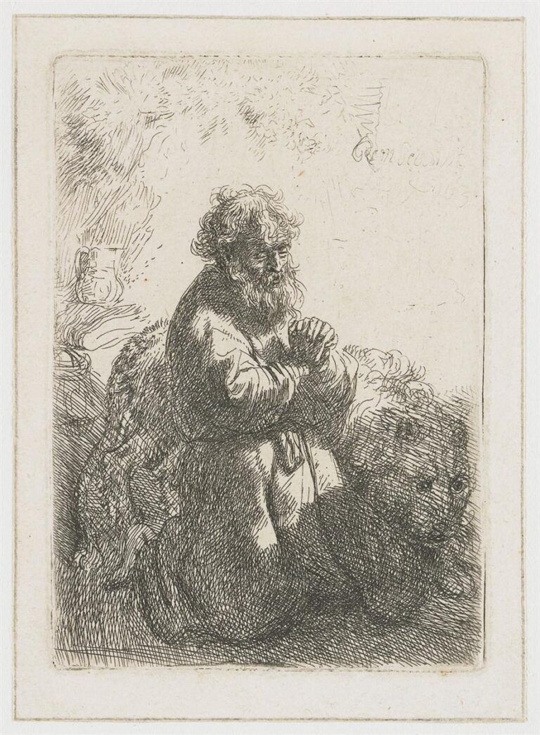 Small Rembrandt etching of St. Jerome kneeling on a pelt with hands clasped and head bowed; a quiet lion peers from the right while sparse foliage and rocks form a secluded clearing lit by soft daylight.