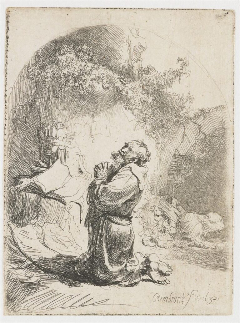 A kneeling St. Jerome in a simple robe prays in a cave, hands clasped and head lifted toward a bright opening; a relaxed lion lies nearby, books and drapery rest to the left, and delicate etched lines form foliage and rock around the illuminated figure.