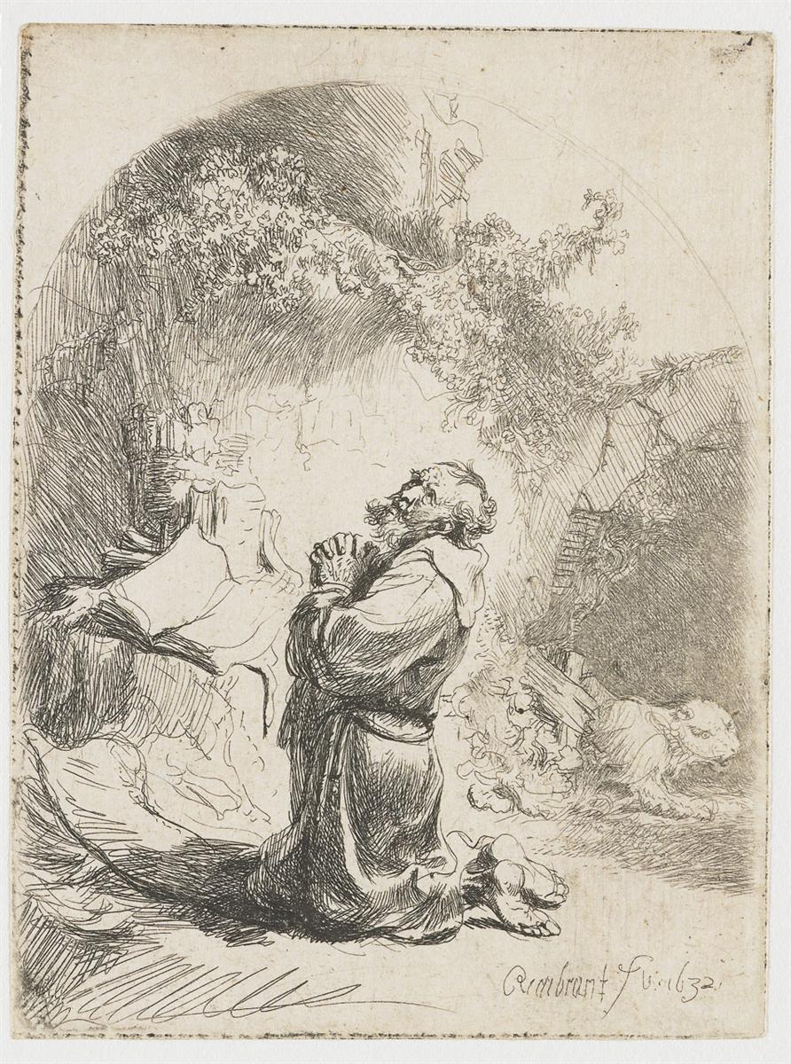 A kneeling St. Jerome in a simple robe prays in a cave, hands clasped and head lifted toward a bright opening; a relaxed lion lies nearby, books and drapery rest to the left, and delicate etched lines form foliage and rock around the illuminated figure.
