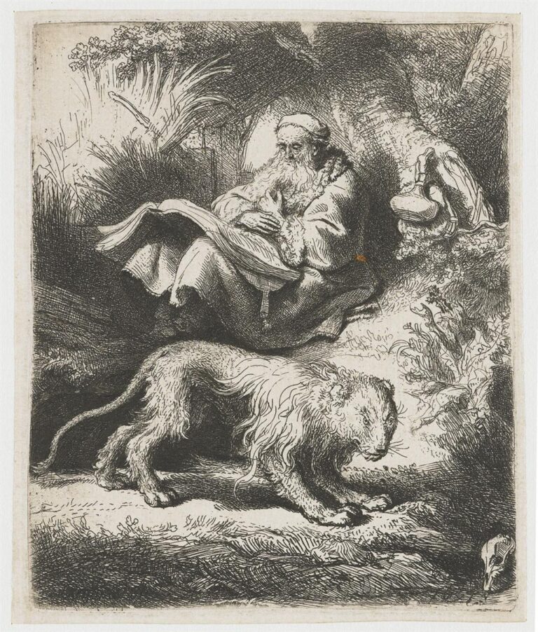 Etching of St. Jerome seated beneath a tree, absorbed in a large open book, with a lion walking across the foreground, a flask and bag hanging at right, dense grasses and foliage forming a shaded hermitage, created by Rembrandt in 1634.