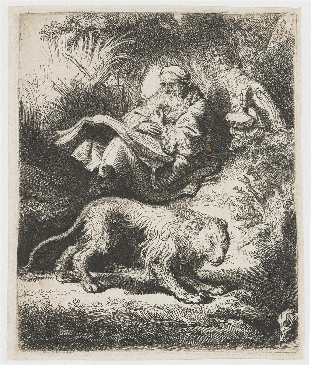 Etching of St. Jerome seated beneath a tree, absorbed in a large open book, with a lion walking across the foreground, a flask and bag hanging at right, dense grasses and foliage forming a shaded hermitage, created by Rembrandt in 1634.