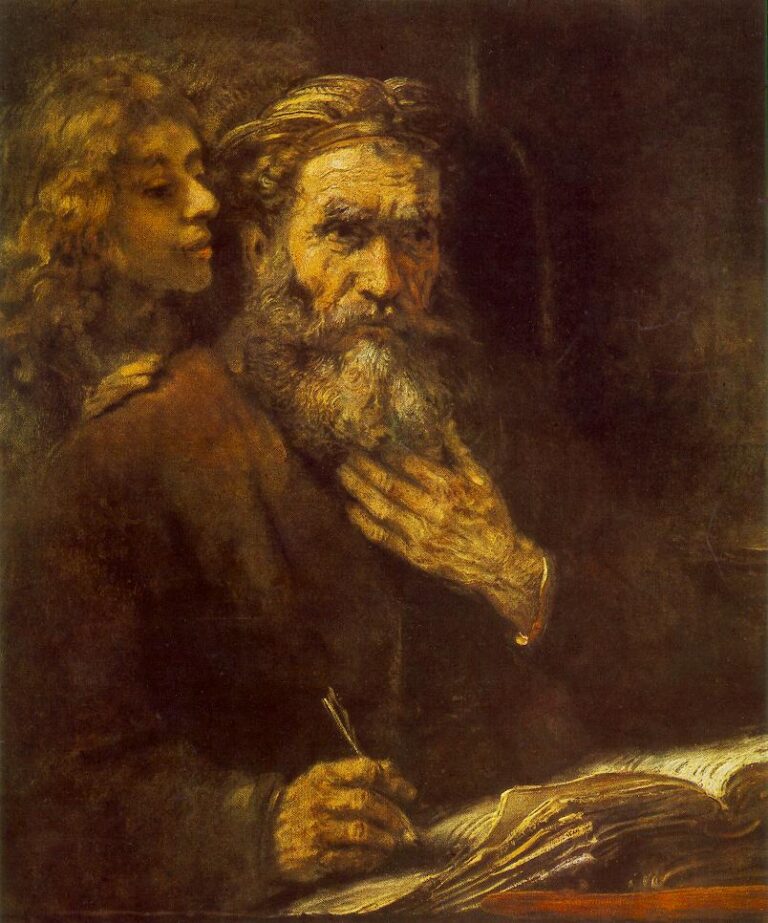 Rembrandt’s late painting of St. Matthew writing as a youthful angel leans to his ear; warm light touches the apostle’s brow, beard, and open book amid deep brown shadows, with rich, textured brushwork and an atmosphere of quiet inspiration.