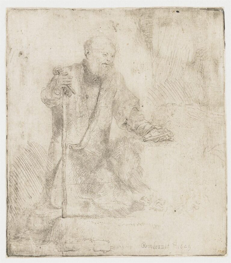 An etched image shows St. Peter kneeling with a staff and small keys in his left hand while his right hand extends downward in humble confession; sparse lines and soft shading focus attention on his penitent pose.