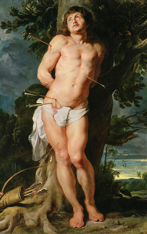 Full-length nude St. Sebastian bound to a gnarled tree, pierced by arrows, gazing upward under a stormy sky with a bright landscape opening at right; a white loincloth and fallen quiver at his feet complete the scene.
