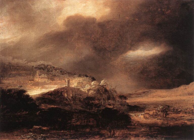 Brooding landscape under a massive storm sky, with dark foreground trees, a glowing ridge with a small ruin lit by a break in the clouds, and a river flashing across the middle distance as heavy clouds gather to the right.