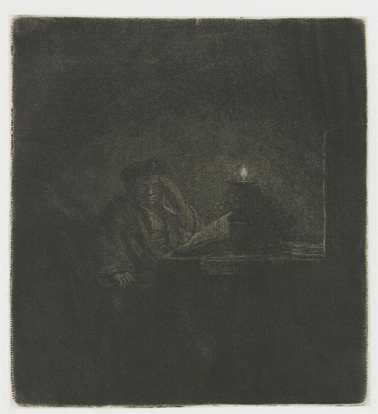 In a nearly dark room, a lone student sits at a table with one hand to his temple, reading an open book as a single candle casts a small pool of light; the rest of the scene dissolves into deep shadow.