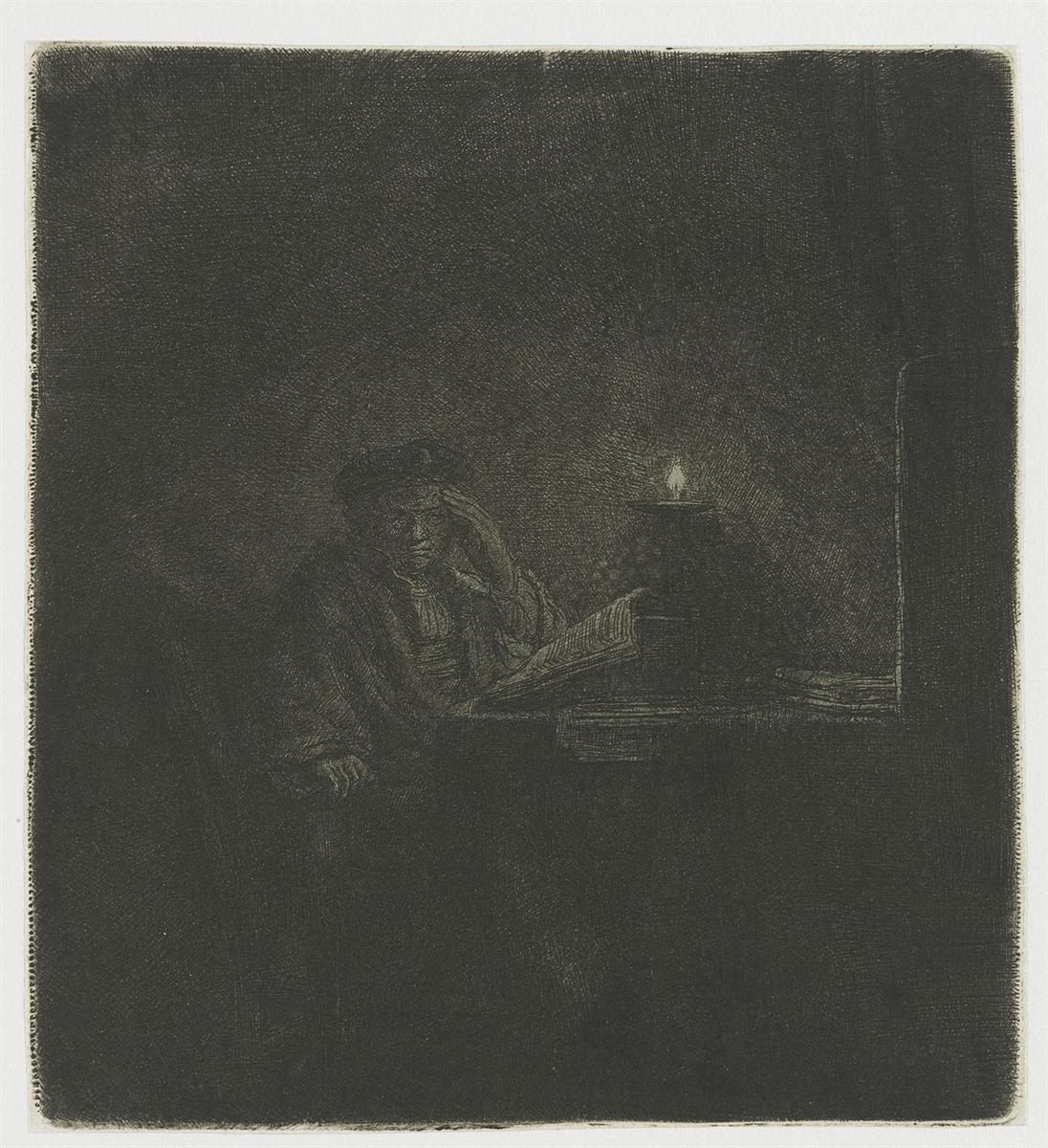 In a nearly dark room, a lone student sits at a table with one hand to his temple, reading an open book as a single candle casts a small pool of light; the rest of the scene dissolves into deep shadow.