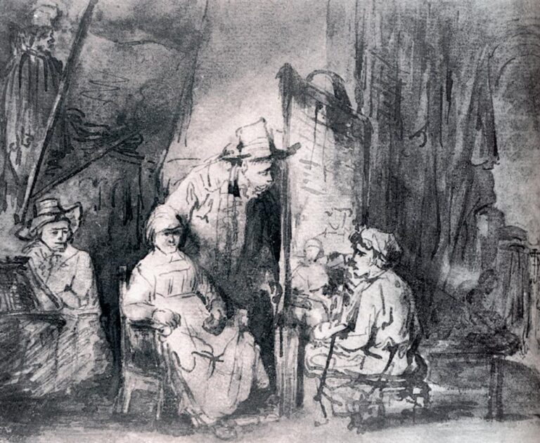 Rembrandt drawing of a dim studio with draperies and canvases; a woman sits at center as a man in a tall hat leans in to speak, another sitter faces left with cane, and a figure at a table works at the far left, all gathered in soft, pooled light.