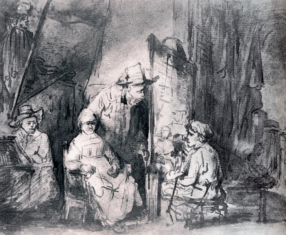 Rembrandt drawing of a dim studio with draperies and canvases; a woman sits at center as a man in a tall hat leans in to speak, another sitter faces left with cane, and a figure at a table works at the far left, all gathered in soft, pooled light.