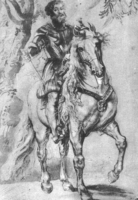 Monochrome study by Peter Paul Rubens showing the bearded Duke of Lerma in armor riding a high-stepping stallion, baton in hand, with flowing mane, alert head, and faint trees framing the forward-leaning composition.