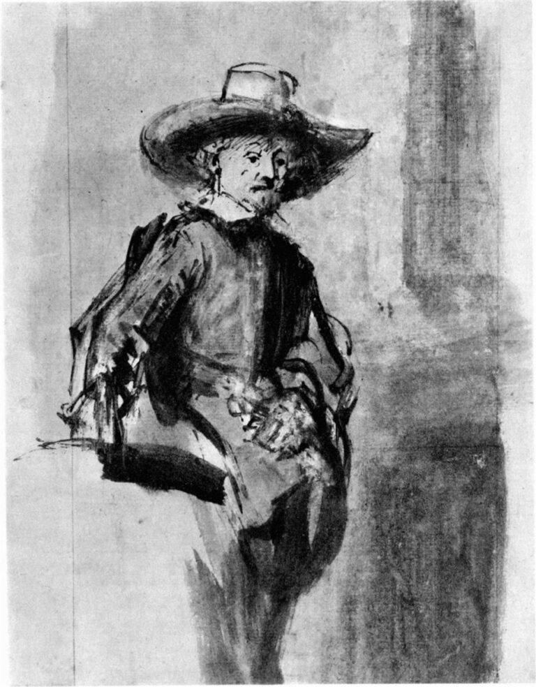 Monochrome Rembrandt study showing a seated man in a broad-brimmed hat turning toward the viewer; brisk, sweeping strokes define coat, hands, and hat while a pale background suggests room, capturing the lively pose later used in “The Syndics of the Cloth Guild.”