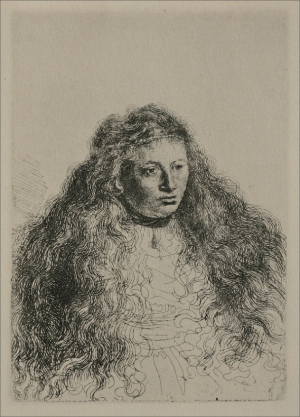 Rembrandt etching of a young woman in three-quarter view with long flowing curls; finely worked face and loosely indicated garment against a blank background, conveying a quiet, thoughtful expression.