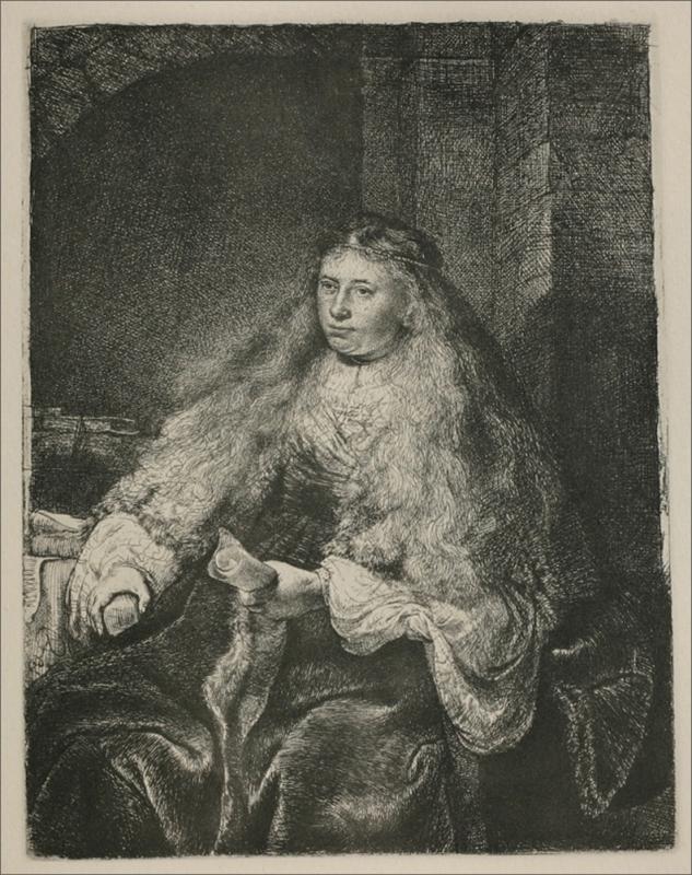 Etching by Rembrandt of a seated young woman—likely Saskia—wearing a voluminous, fur-trimmed gown; her long hair cascades over her shoulders, one hand rests near a table, the other holds a fold of fabric, while soft light illuminates her thoughtful face against a dark interior.