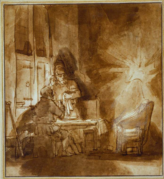 Brown-ink and wash drawing of the Emmaus story: two disciples and a servant at a simple table in a shuttered room while an empty chair at right erupts with white radiance signifying the vanishing Christ.