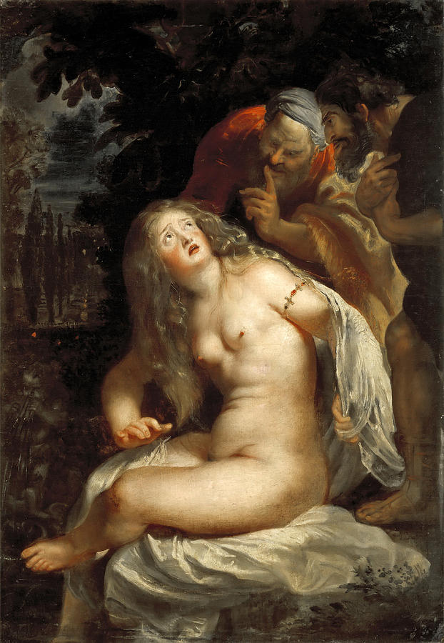 Rubens painting of Susanna twisting away on a stone seat, clutching a white cloth as two elders lean from dark foliage—one pressing a finger to his lips—while bright light falls on her figure against a shadowed background.