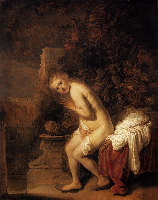 Susanna turns in fear while bathing in a garden, clutching a linen to cover herself as two elders lurk in dark foliage; warm light falls on her skin, a red drape and white cloth rest on a bench, and a bronze basin sits on a stone ledge, painted by Rembrandt in 1634.
