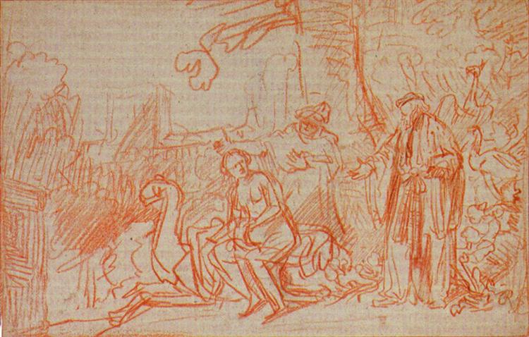 Red-chalk drawing of the Susanna story: a seated nude woman turns in alarm as two elders approach from the right; a small attendant gestures behind her; foliage and garden structures frame the scene with light hatching.
