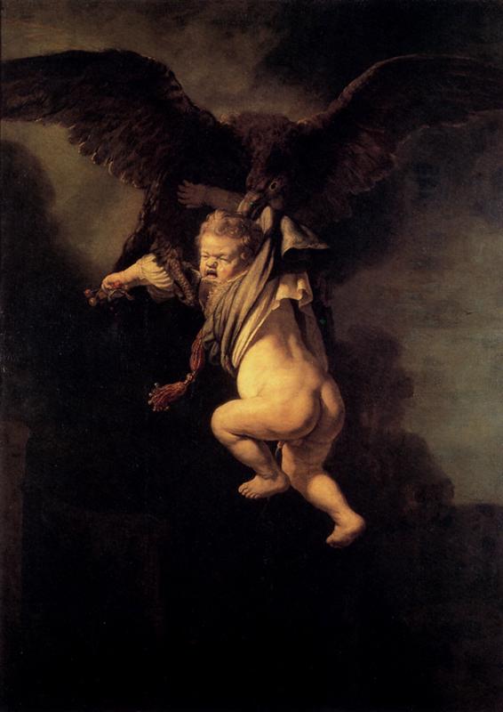 Dark Rembrandt canvas showing a small child, Ganymede, crying as a massive eagle lifts him through the air; warm light strikes the twisting body and bunched drapery while the bird’s wings and the surrounding sky sink into shadow.