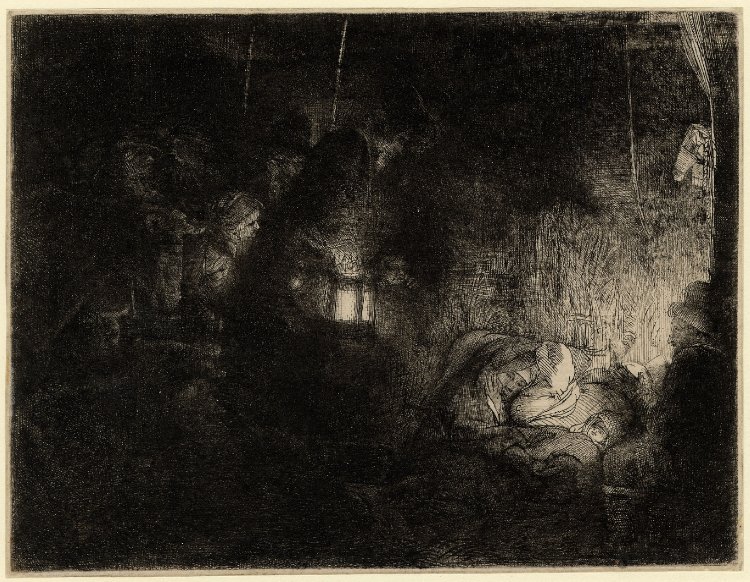 Dark etching of the Nativity in a barn-like interior: Mary bends over the infant glowing softly at right, shepherds approach from a lantern-lit middle distance, and beams, straw, and animals dissolve into rich shadow.