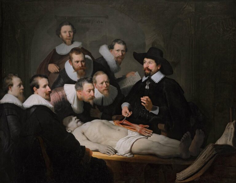 In a dark lecture hall, Dr. Nicolaes Tulp demonstrates the tendons of a cadaver’s forearm to seven ruff-collared colleagues gathered around a table; a beam of light illuminates the anatomist’s face, the white collars, and the pale, foreshortened body while an open book lies at the lower right.