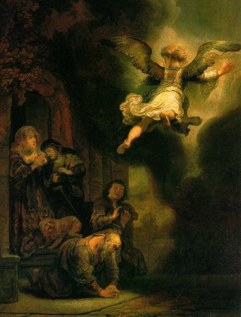 Interior scene with the archangel Raphael rising in light at upper right while the Tobit family kneels and gestures in astonishment at left; a small dog rests on a bench, vines climb a doorway, and deep shadow surrounds the glowing figure as it departs.