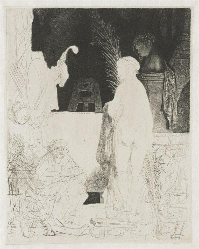 Etching by Rembrandt of a studio where an artist sketches a standing nude model; a large dark area fills the upper half, while the lower half shows lively, unfinished lines, a palm frond, props, and a seated figure in shadow at right.