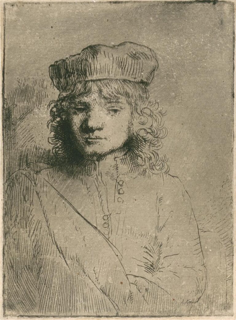 Etching of a teenage boy in a soft cap, shown half-length with curls, lowered gaze, and a simple buttoned jerkin; the figure fills the frame against a warm gray tone, rendered with delicate hatching and soft plate-tone atmosphere.