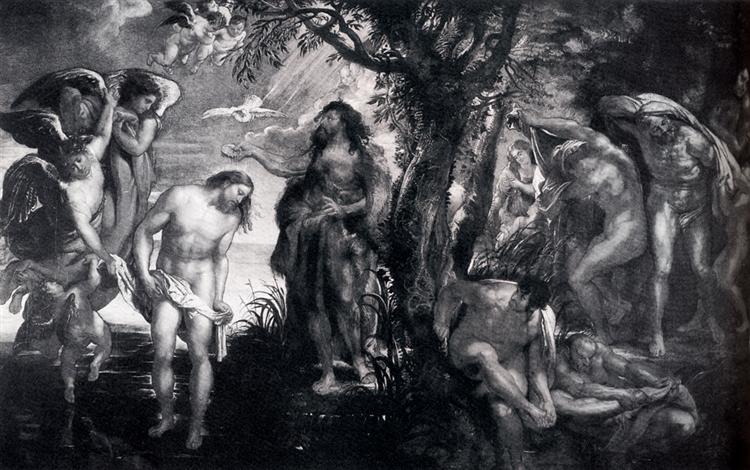 Large early Baroque scene by Peter Paul Rubens of Christ being baptized in the Jordan: angels with garments at the left, John the Baptist beneath a tree at center, penitents undressing on the right, and rays with a descending dove opening the cloudy sky.