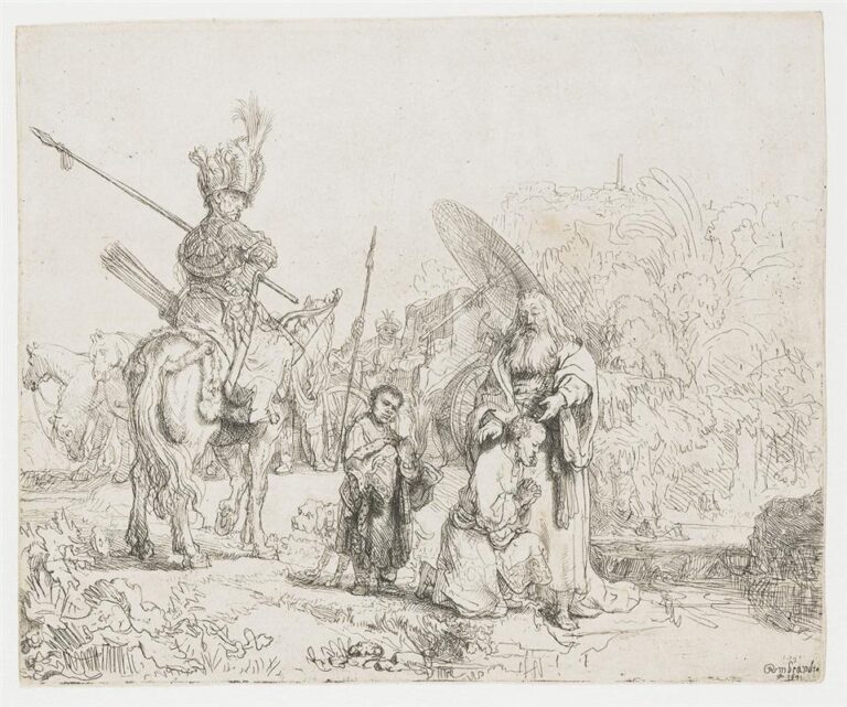 Etching by Rembrandt showing Philip baptizing the kneeling Ethiopian eunuch beside a stream, with attendants holding a parasol and a mounted guard leading a halted caravan; delicate lines describe figures, horses, and landscape in a calm, dignified scene.