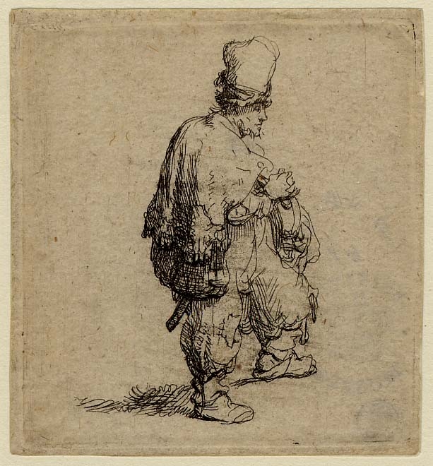 Small etching of a bundled street performer in a tall soft cap, shown in profile with arms folded and one foot stepping forward; coarse cloak and baggy trousers are rendered in dense hatchings, with a few ground lines casting a shadow against an otherwise blank field.