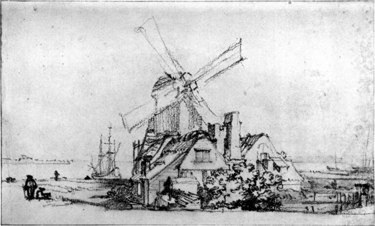 Rembrandt drawing of a windmill and cottages on a bastion beside Amsterdam’s waterway, with small figures and ships in the distance rendered in delicate, economical lines.